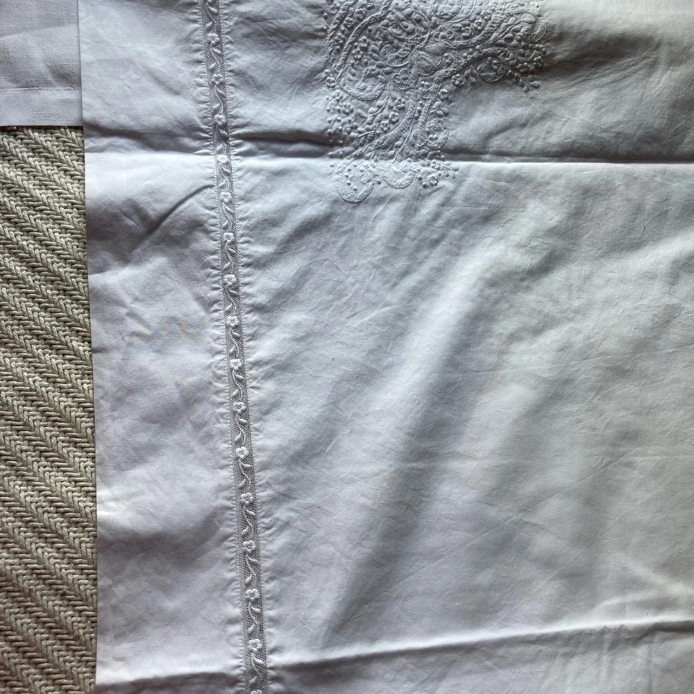 Sferra Bros Italian Egyptian cotton duvet cover hand embroidered floral lace.